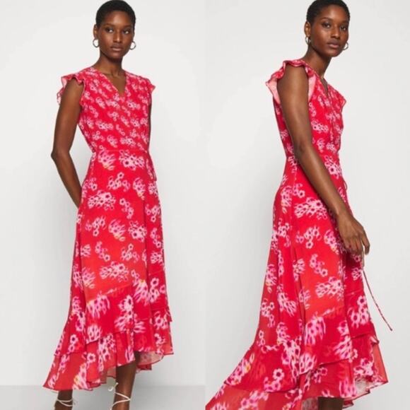 ALL SAINTS Dela Jasmine Print Wrap Maxi Dress Red Floral Sz 4 {3Q3} - Picture 1 of 7